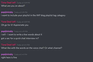 Tone Deaf Jeff’s IMF Playlist
