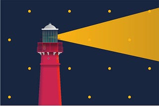 Colorful illustration of a lighthouse with a beam of light coming from it