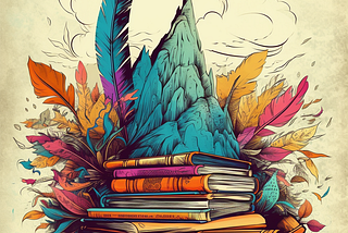 This image depicts a stack of books with feathers and leaves scattered around them. The books are arranged in an orderly fashion, with the top book slightly overlapping the bottom one.