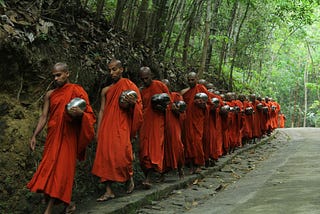 Buddhist monks in robes and carrying bowls, walking in single file along the side of an old road through the forest