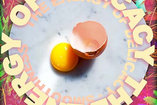Image of egg-yolk and half a shell surrounded by the words “the energy of delicacy and smootheness”