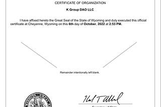 K.Group DAO Secures Wyoming’s Legal Wrapper As K.Group DAO LLC