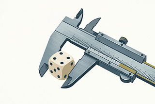 A steel vernier calliper precisely measuring the dimensions of a single white die on a plain background.
