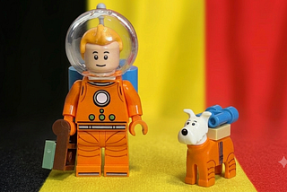 Tintin and Milou in front of the Belgian flag.