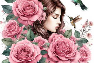 a woman surrounded by pink roses, hummingbirds, and bees (image created by author in Copilot)