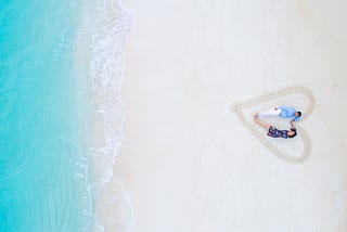 overhead view of a sandy beach with a couple inside a heart in the sand.