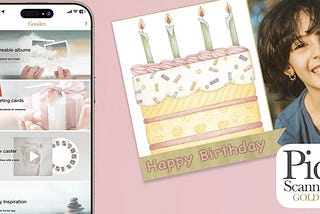An iPhone with Pic Scanner Gold app, a handmade greeting card, and the icon of Pic Scanner Gold app for iOS