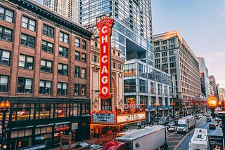 A photo of the Chicago Theatre marquee.
