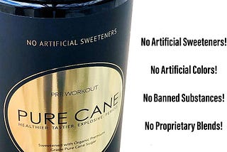 Pure Cane Natural Pre Workout Powder bottle with a gold label and available on Amazon.