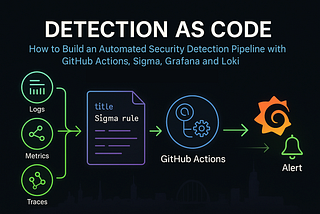 Dark neon banner titled ‘Detection as Code’ with subtitle ‘How to Build an Automated Security Detection Pipeline with GitHub Actions, Sigma, Grafana and Loki.’ Icons for Logs, Metrics, and Traces flow via arrows into a ‘Sigma rule’ document, then to a GitHub Actions gear, then to the Grafana logo and a bell labeled Alert.