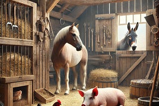 Animals in the barn include a horse, a pig, a chicken and a donkey.