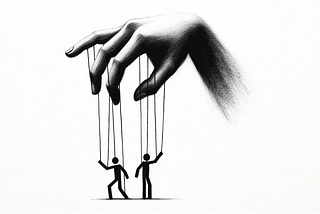 A minimalistic black and white charcoal sketch. The image focuses on the hands of a puppeteer, with strings extending from their fingers. These strings end up controlling stick figures represented as humans. The background is plain and simple, emphasizing the puppeteer’s hands and the strings in a stark, impactful manner, symbolizing manipulation and control with minimal elements.