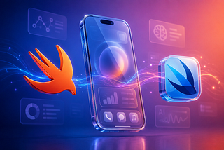 Realistic 3D Swift and SwiftUI logos beside a glass-textured iPhone silhouette on a deep indigo-to-coral gradient background, symbolizing the future of Apple development.