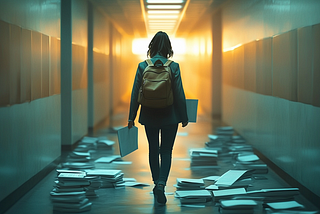 A single person walking down a long, dimly lit corridor lined with books and papers scattered on the floor. They are wearing both a backpack and a blazer, symbolizing the dual life of student and professional. The lighting at the end of the hallway is soft and golden, hinting at hope or a breakthrough, but the path looks cluttered and overwhelming. The person’s posture shows quiet determination, not triumph.
