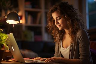 Hybrid work allows employees to follow their work rhythm. The image shows a woman working late at night.