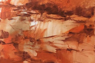 Abstracted painting by author Marsha Hamby Savage of a creek, rocks and foliage done with variations of orange color.