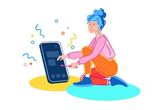 A colourful illustration of a woman who kneels on the floor and assembles a huge app with a screwdriver