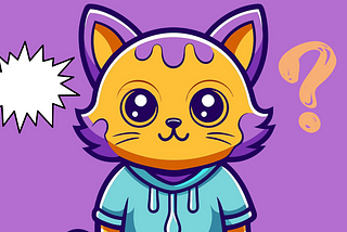 Image of humanoid cat, a question mark and a burst graphic element.