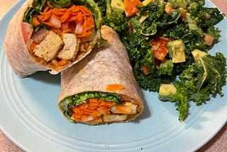 Bread Tofu Wrap with a Side Kale Salad with Avocado and Tomato