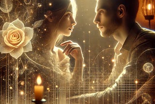 Romantic couple in a warm, softly lit setting, exchanging a meaningful glance with slight touches, representing the theme of decoding the language of love.