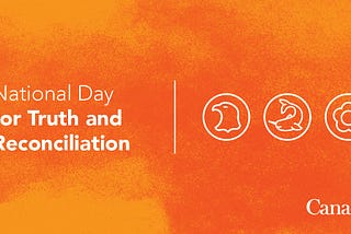 Image on a textured orange background, featuring white icons of an eagle, a narwhal, and a pearl flower. The text reads: National Day for Truth and Reconciliation.