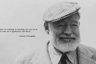 Image of Ernest Hemingway with quote: ‘There is nothing to writing. All you do is sit down at a typewriter and bleed.’