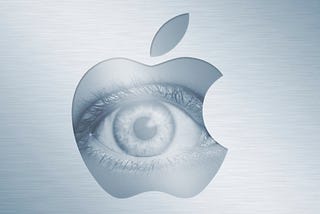 Pictured: Grey scale photos of an eye behind the shape of the Apple corporate logo.