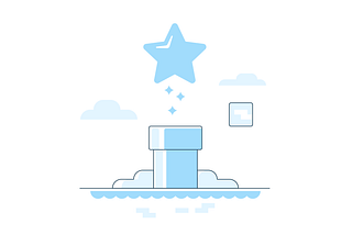 A stylized illustration resembling a video game scene with a light blue star rising out of a light blue pipe. There are clouds in the background and a small blue square block floating on the right side of the image. The star is emitting smaller star sparkles as it ascends.