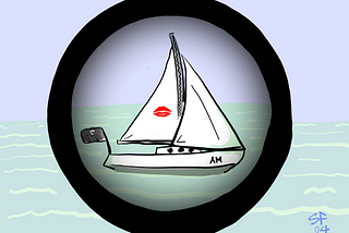 Cartoon: eyepiece of a telescope shows a yacht under sail with a lipstick kiss logo on the mainsail and a pirate flag at the stern.