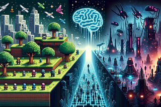 Illustration: On the left, a pixelated retro game environment with blocky characters and trees. In the center, a luminous neural network and brain-shaped bridge acts as a transition. On the right, a hyper-realistic and almost surreal dystopian future game environment with advanced structures, robotic entities, and a dark atmosphere, suggesting the game is AI-generated and controlled.
