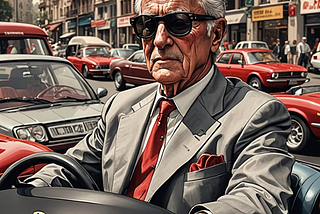 Elderly man in a suit driving a Ferrari.