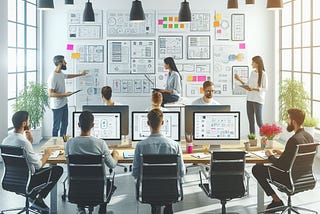 The illustration depicts individuals in an office environment engaged in the process of UX analysis.