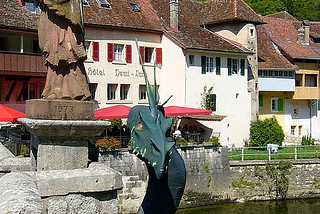 Dragon on the bridge, St-Ursanne, Jura, Switzerland