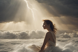 Woman sitting on a cloud with lighting in front of her.