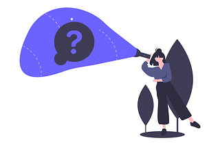 illustration of a woman holding a flashlight that emits a purple light with a question mark in the middle.