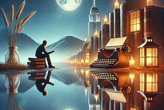 Midnight reflections for a year of writing success — minimalistic realistic image