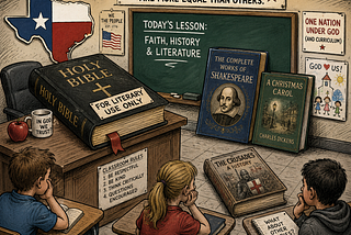 Inside a modern-day grade school classroom. A red, white, and blue Texas logo is on the wall. An extra large Bible with a label on it that says “FOR LITERARY USE ONLY” is sitting on the teacher's desk. A large book of “The Complete Works of Shakespeare” and a copy of Charles Dickens “A Christmas Carol” next to it are leaning against the chalkboard. And a book about The Crusades is on the floor.