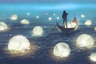 illustration of a man gathering moons on the ocean