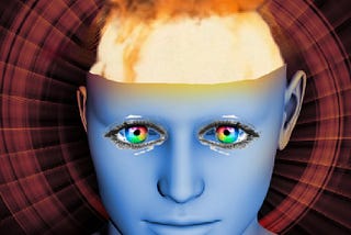 Computer-generated graphic of an androgenous grey face against a dark red vortex. The top of the head is missing or replaced with bright multi-colored hair beginning as bright white with an orange bun at the top. Used again in a gif below.