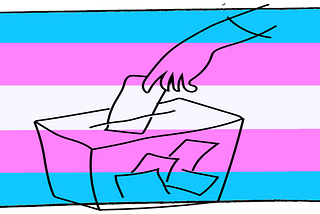rough sketch of a hand dropping a ballot in a box. background of trans flag colors, a little brighter than typical.