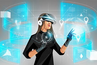 woman holding virtual reality glasses with hologram