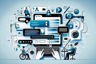 Illustration representing web chat accessibility. A chat interface, users with a screen reader and keyboard, and assistive technology icons, emphasising inclusivity.