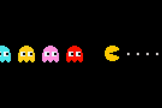 Pac-Man trying to eat pac-dots while evading Blinky, Inky, Pinky, and Clyde.