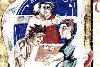 illumination from medieval manuscript; two men with dark hair and pale skin playing dice in foreground; two people seemingly kissing in the distance