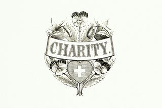 Image of a heart with a cross, flowers, and the words CHARITY.
