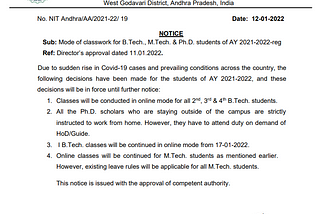 NIT Andhra Pradesh classes to go online Due to sudden rise in Covid-19 cases in India