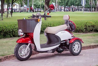 A view of the EW-11 Retro Electric Scooter in a park setting.