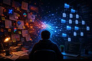 A lone developer sits at a desk between two worlds. On the left, chaotic product and collaboration artifacts float through the darkness: sticky notes, sketches, Slack-like messages, Confluence-style documents, and abandoned diagrams glowing in warm orange and red light. On the right, cool blue folder structures and structured document trees flow into clean code repositories and organized system architecture. Streams of digital energy connect both sides, converging behind the developer to symboli
