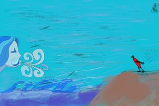 an illustration of a stick figure on the right leaning into a coastal wind. On the left is a mythical figure blowing the wind