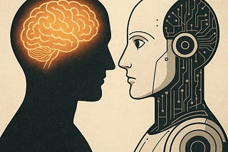 IMAGE: A human silhouette with a glowing brain faces a humanoid robot with visible circuitry, both in profile against a vintage textured background